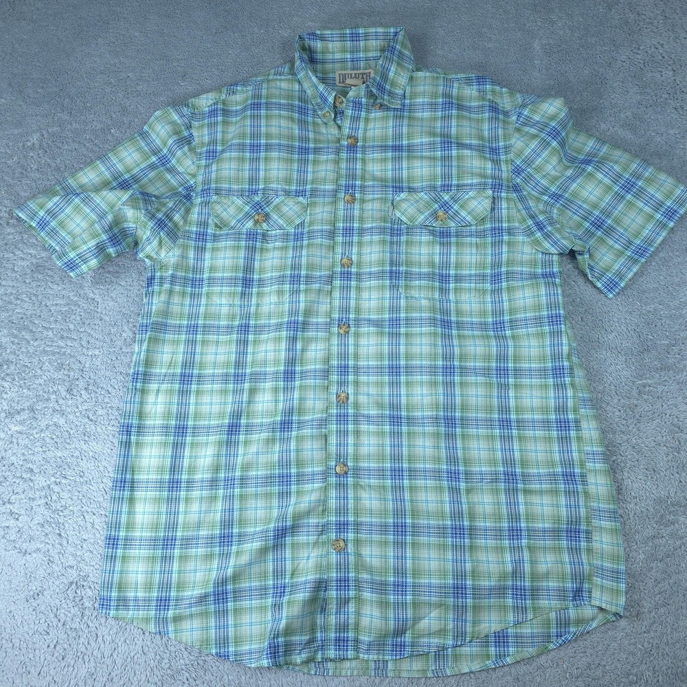 Duluth Trading Co Shirt Mens LT Green Plaid Short Sleeve Button Up Relaxed Fit